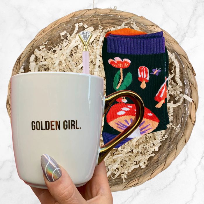 Gift Basket Golden Girl Coffee Mug | 3 Gift Items in a Reusable Basket - 50th birthday, Mothers Day, gifts for moms