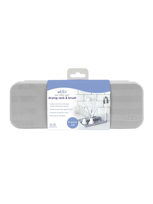 Ubbi On-The-Go Baby Bottle Drying Rack and Brush Set Travel Case in Gray
