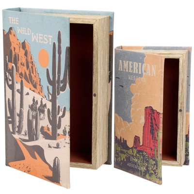 American West Book Box Set of 2 | Vintage Book Shaped Storage Stash Trinket Boxes