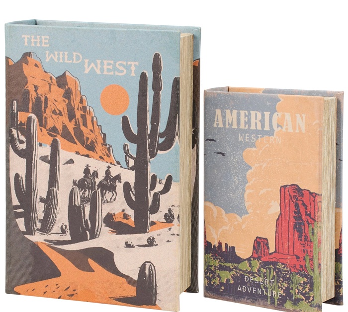 American West Book Box Set of 2 | Vintage Book Shaped Storage Stash Trinket Boxes