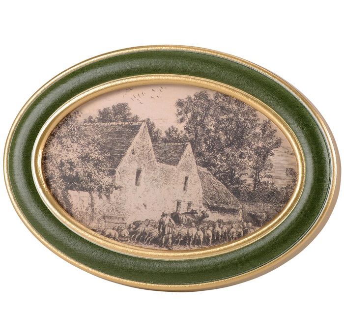 Cottage Farm Framed Art | Vintage Style Oval Shaped Desk Room Home Decor | 7.25" x 5"