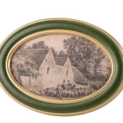 Cottage Farm Framed Art | Vintage Style Oval Shaped Desk Room Home Decor | 7.25" x 5"