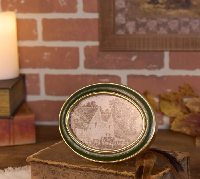 Cottage Farm Framed Art | Vintage Style Oval Shaped Desk Room Home Decor | 7.25" x 5"