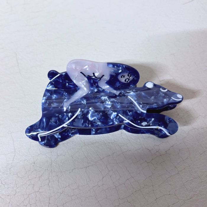 Nude Woman Riding a Bear Hair Claw in Marbled Blue | Claw Clip Hair Accessories