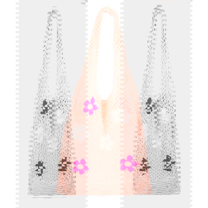 Hippie Boho Knitted Flower Tote | Floral Print Soft Shoulder Bag in Groovy Pink