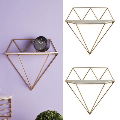 Set of 2 Diamond Floating Metal Wall Shelf, Gold Frame Minimalist Decor | Books Plants Shelf 16"L x 6"W x 15.25"H