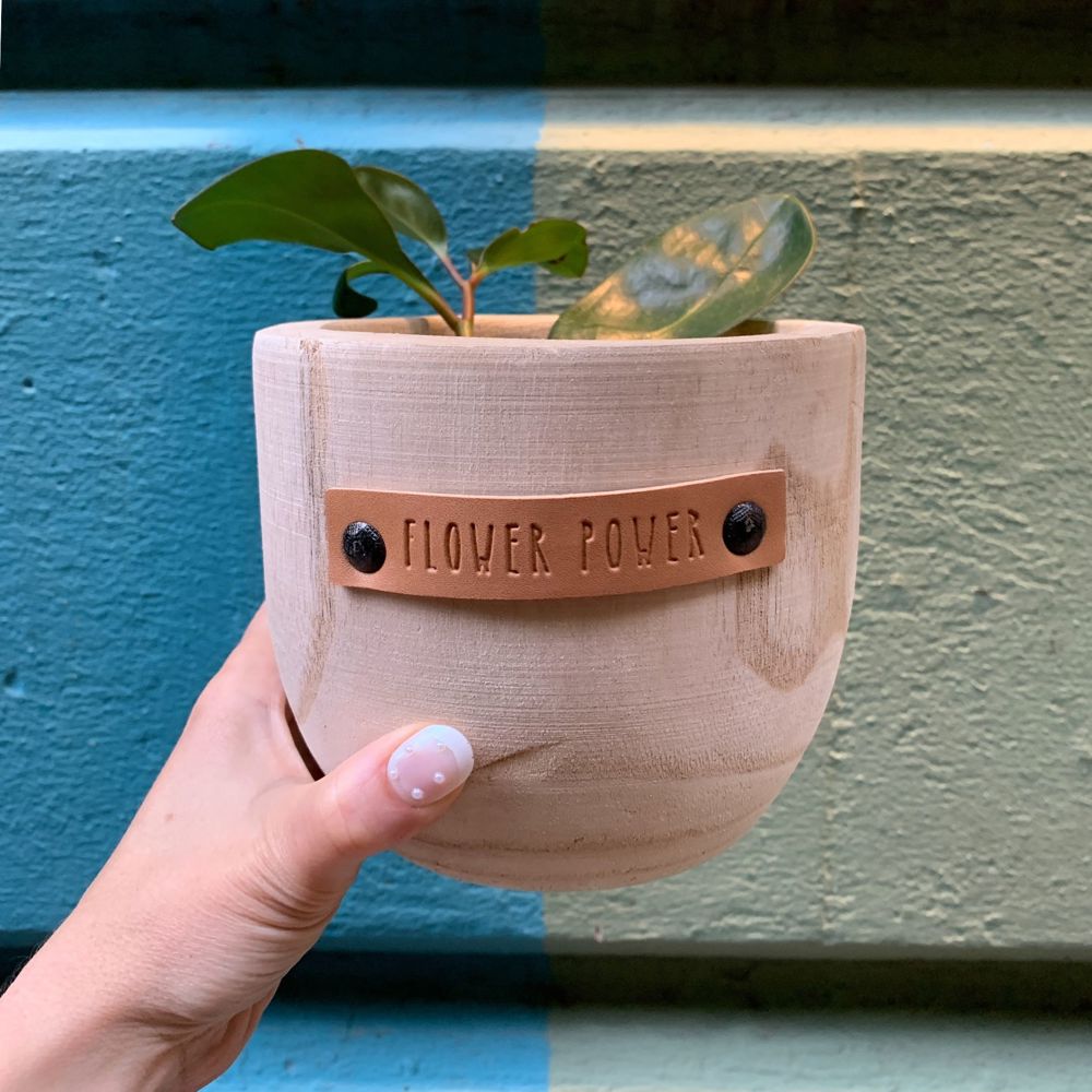 Wood Planters with Cute Sayings on Leather Tags: Late Bloomer, Flower Power, I Will Survive