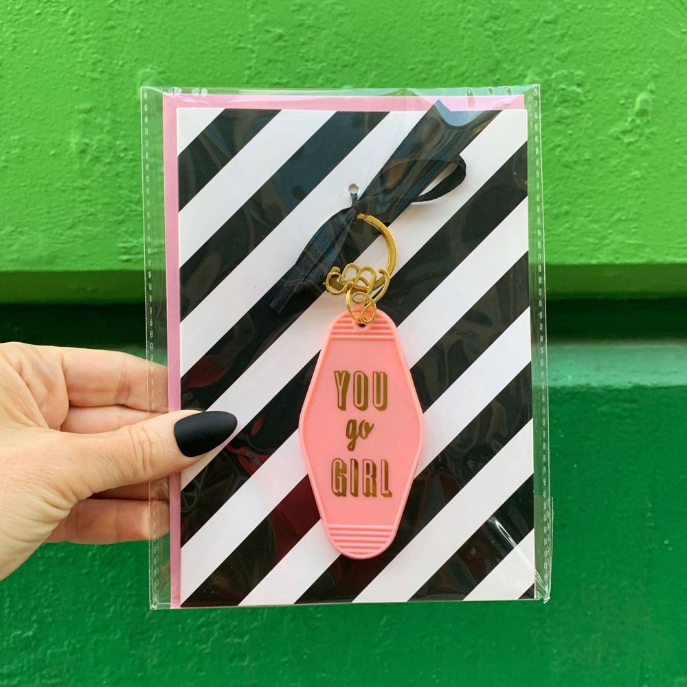 Girl to Girl Keychains on Gift Cards | Gift for Her, Motel Style Keychain, Greeting Card