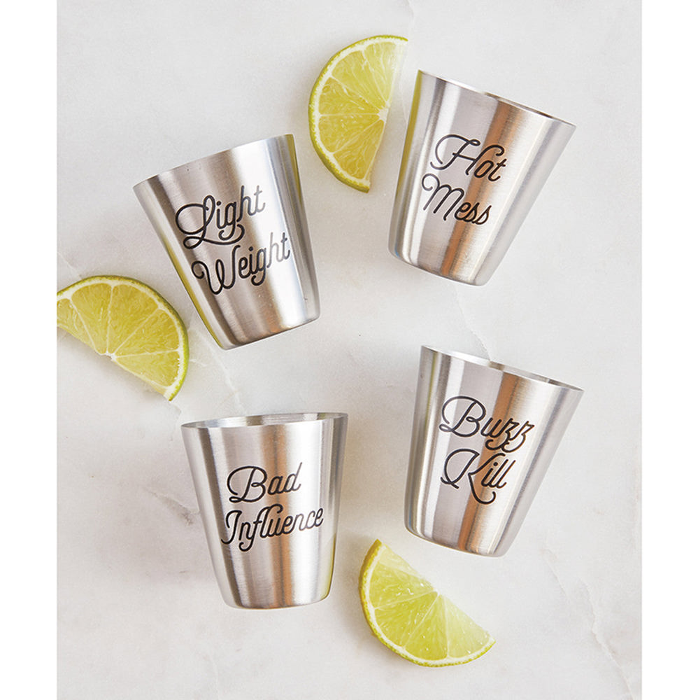 Set of 4 Metal Shot Glasses in a Gift Bag - 2 Style Options - Stainless Steel Silver Mini Cups Gift Set