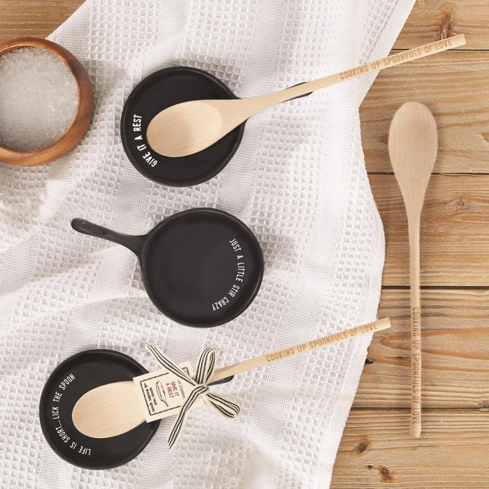 Giftable Wooden Spoon and Cast Iron Spoon Rest Set with Cute Sayings