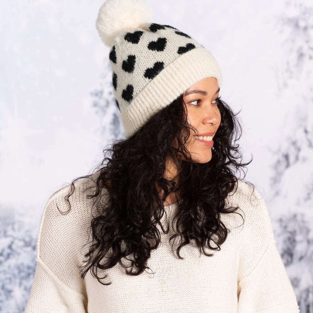 Giftable Heart Winter Beanie for Her - Soft Warm Winter Women's Hat with Pompom