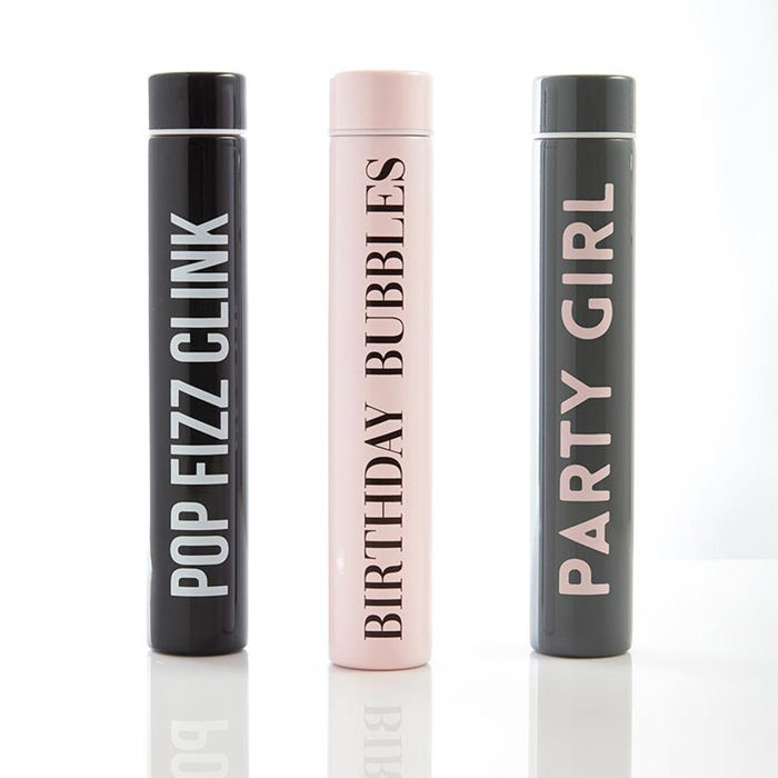 Giftable Skinny Flask or Water Bottle 3 Styles: Pop Fizz Clink, Tie the Knot, Drunk in Love - In Cardboard Tube for Gifting