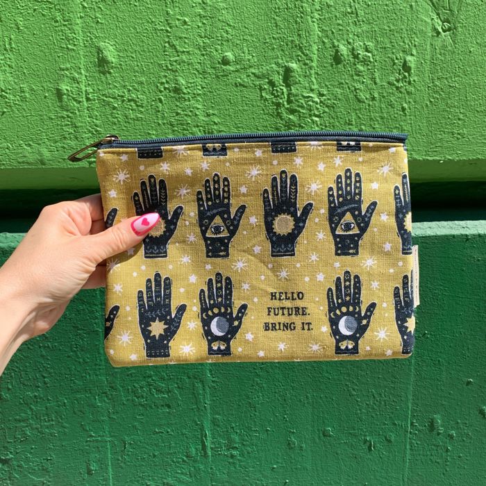 Hello Future Bring It Mystical Hand Zipper Pouch and Dish Tea Towel - All-Over Astrology Design in Yellow and Black
