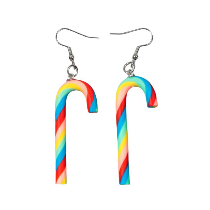 Candy Cane Christmas Party Earrings in Candy Stripe or Rainbow | Cute Playful and Fun Christmas Theme Fashion Jewelry