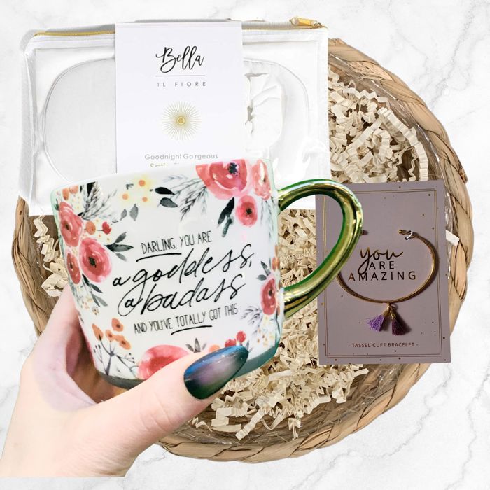 Gift Basket Amazing Darling You Are A Goddess Gold Mug | 3 Gift Items in a Reusable Basket - gifts for her moms co-workers bridesmaids