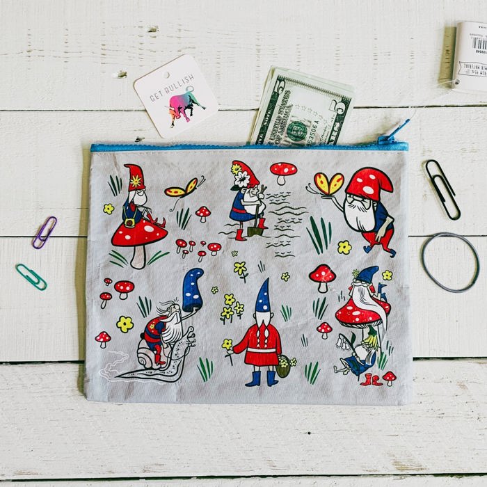 Recycled Material Pencil or Makeup Bag and Coin Purses with Sayings: Gnomes, Rainbow, She Believed She Could So She Did