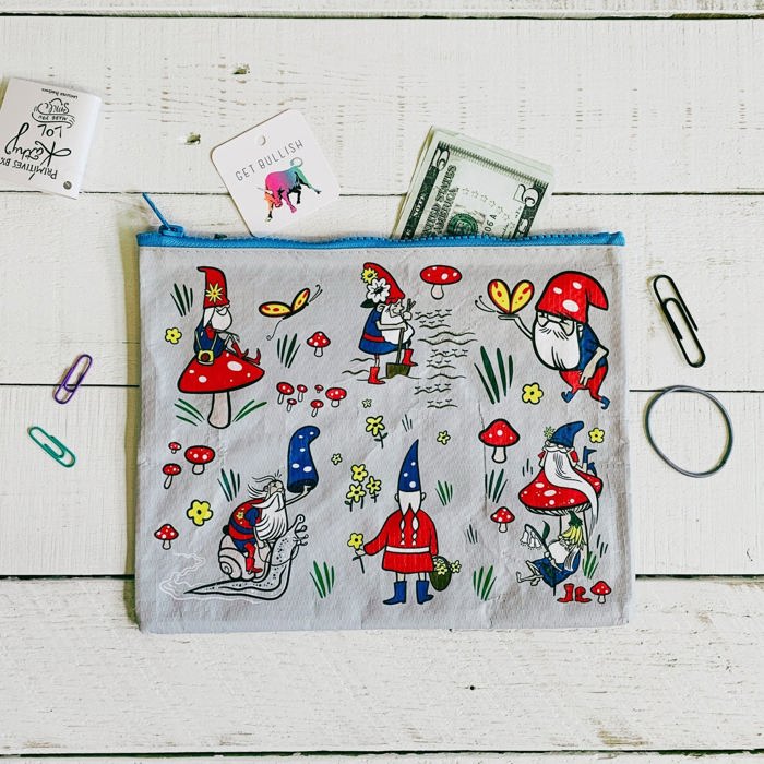 Recycled Material Pencil or Makeup Bag and Coin Purses with Sayings: Gnomes, Rainbow, She Believed She Could So She Did