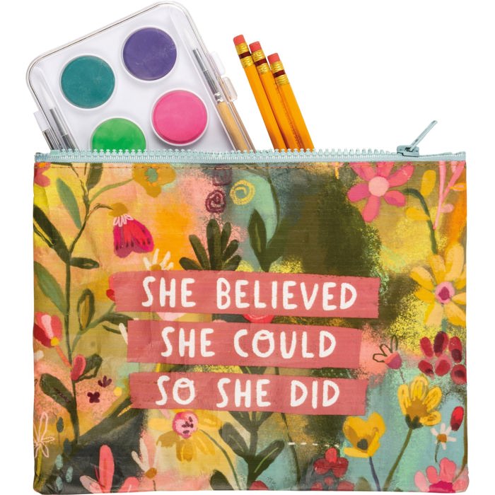 Recycled Material Pencil or Makeup Bag and Coin Purses with Sayings: Gnomes, Rainbow, She Believed She Could So She Did