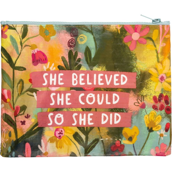 Recycled Material Pencil or Makeup Bag and Coin Purses with Sayings: Gnomes, Rainbow, She Believed She Could So She Did