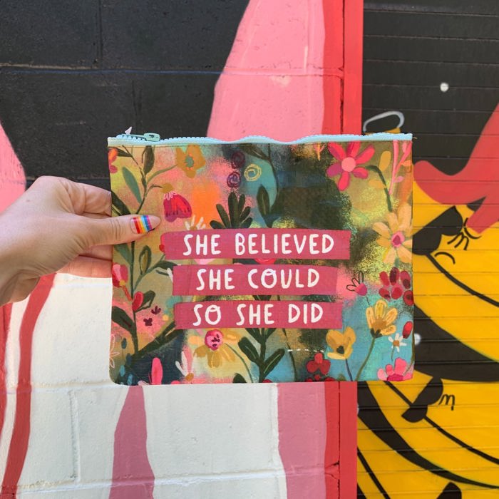 Recycled Material Pencil or Makeup Bag and Coin Purses with Sayings: Gnomes, Rainbow, She Believed She Could So She Did