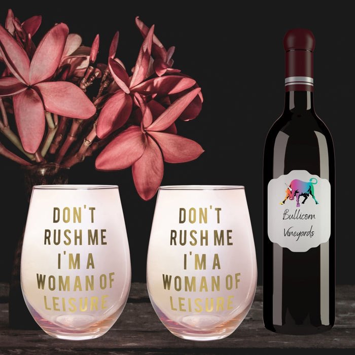 Don't Rush Me, I'm a Woman Of Leisure Stemless Wine Glass in Rose and Gold