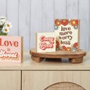 Love More Worry Less Inspo Block Sign | Retro Flowers | 4" x 5" Groovy '70s Theme Wall and Hanging Decor | Retro Wooden Block Sign