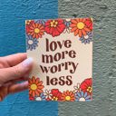 Love More Worry Less Inspo Block Sign | Retro Flowers | 4" x 5" Groovy '70s Theme Wall and Hanging Decor | Retro Wooden Block Sign