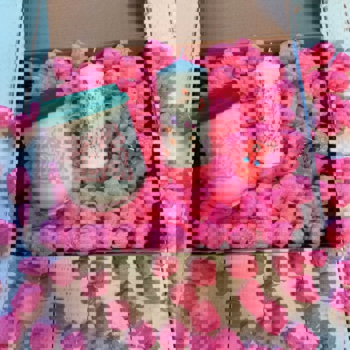 Candle + Sips Gift Box with Compostable Pink Heart Packing Peanuts