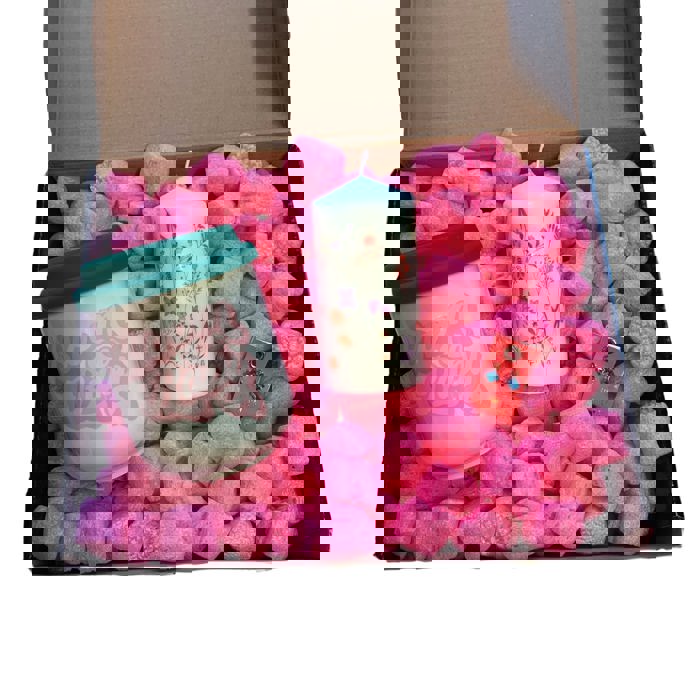 Candle + Sips Gift Box with Compostable Pink Heart Packing Peanuts