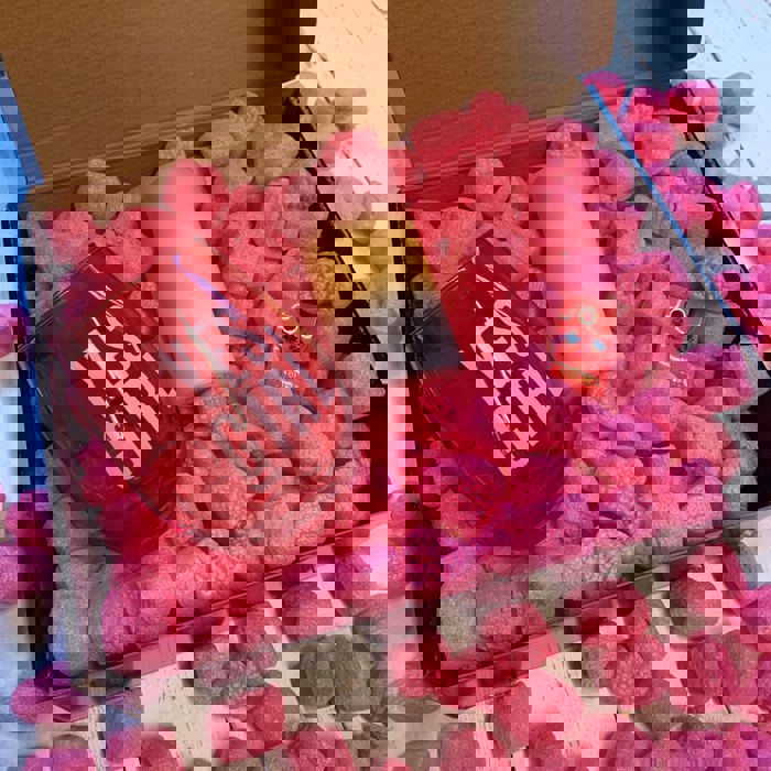 Candle + Sips Gift Box with Compostable Pink Heart Packing Peanuts