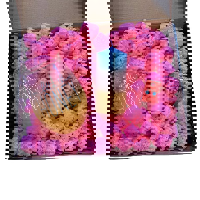 Candle + Sips Gift Box with Compostable Pink Heart Packing Peanuts