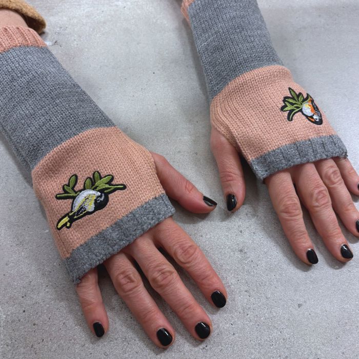 Bird Applique Arm Warmers | Fingerless Gloves in Black, Pink, or Green