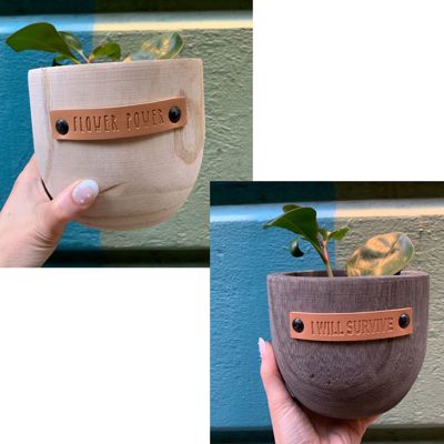 Wood Planters with Cute Sayings on Leather Tags: Late Bloomer, Flower Power, I Will Survive