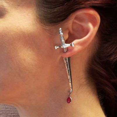 Sword Maiden Single Stabby Earring in Gold or Silver | 3.5" Long Dagger Earrings for Feminists, Goths