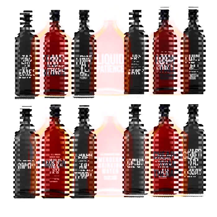 Set of 6 Amber Glass Mini Flasks | Tears of My Enemies, Liquid Patience, Cheaper Than Therapy, Etc.