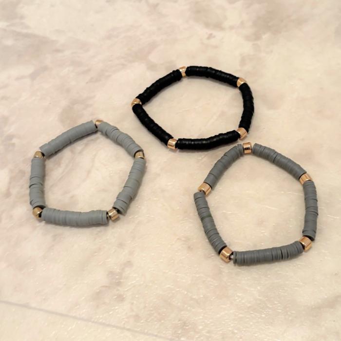 3 Pack Bracelet Set in Black / Charcoal / Gray | Black Shades Beaded Clay-like Bracelet