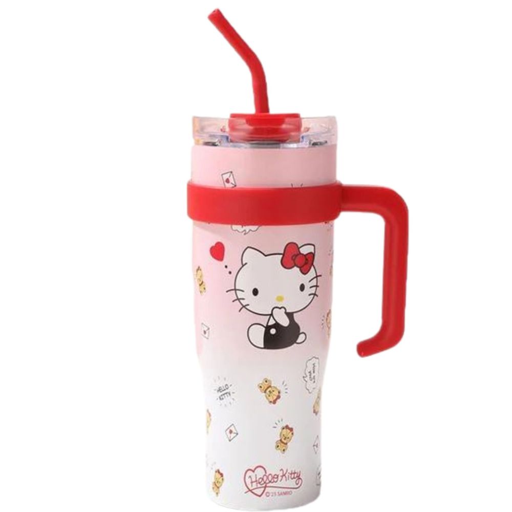 Hello Kitty 40 oz Stainless Steel Insulated Handle Tumbler in Pink and Red - XL Size with Straw