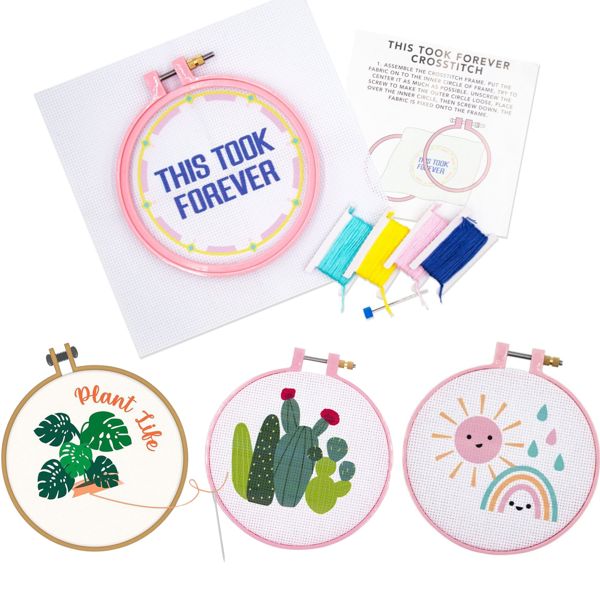 Cute Cross-Stitch Kits in Boxes: "This Took Forever", Plant Life, Cactus, Rainbow DIY Giftable Craft Kit with Hoop