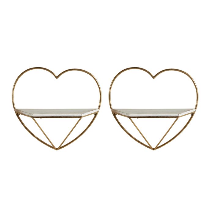 Set of 2 Heart Floating Metal Wall Shelf, Gold Frame Minimalist Decor 14"L x 5.5"W x 12.5"H