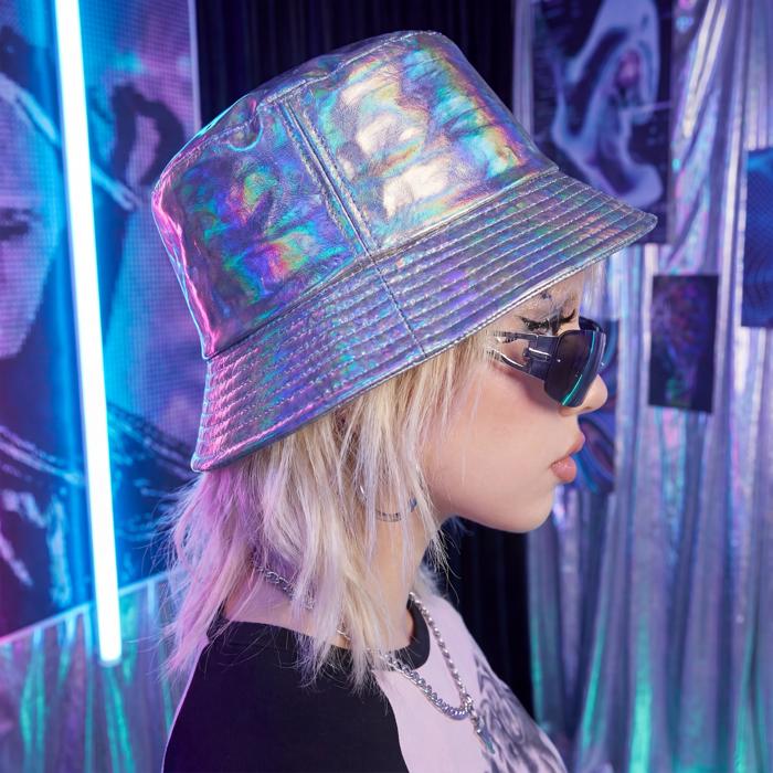 90s Style Holographic Rainbow Bucket Hat | Retro Style Shimmer Water-Resistant Faux Leather