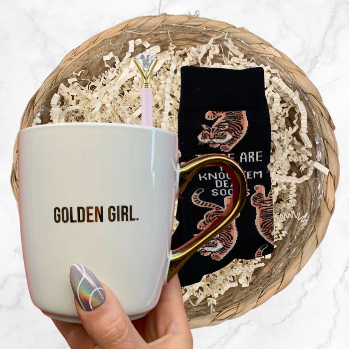 Gift Basket Golden Girl Coffee Mug | 3 Gift Items in a Reusable Basket - 50th birthday, Mothers Day, gifts for moms