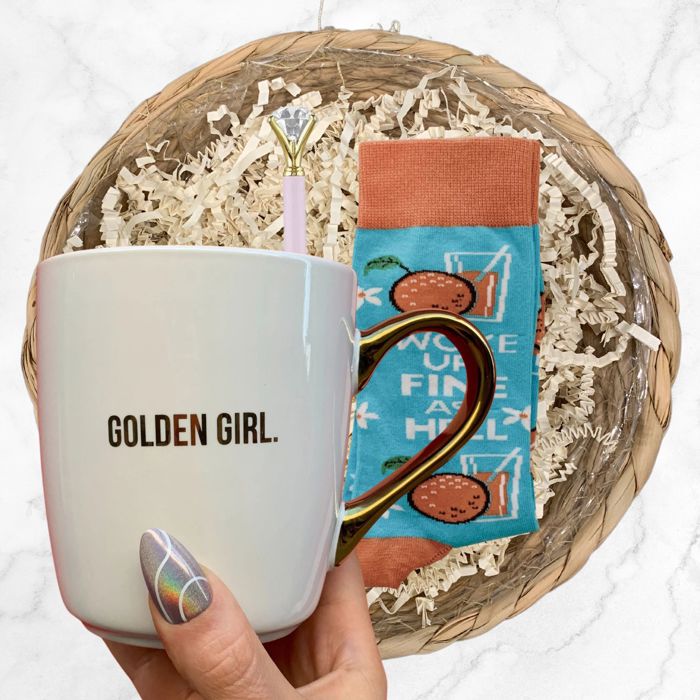 Gift Basket Golden Girl Coffee Mug | 3 Gift Items in a Reusable Basket - 50th birthday, Mothers Day, gifts for moms