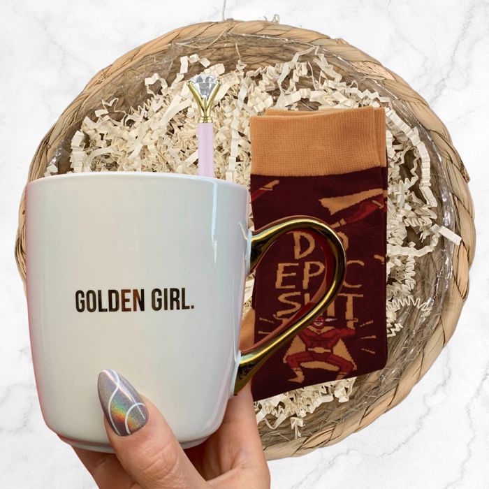 Gift Basket Golden Girl Coffee Mug | 3 Gift Items in a Reusable Basket - 50th birthday, Mothers Day, gifts for moms