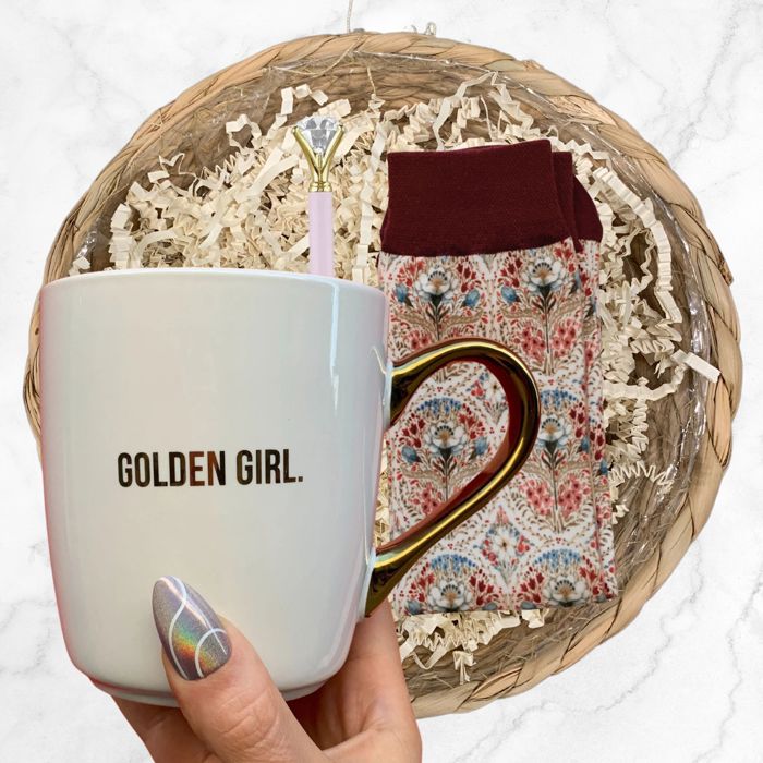 Gift Basket Golden Girl Coffee Mug | 3 Gift Items in a Reusable Basket - 50th birthday, Mothers Day, gifts for moms