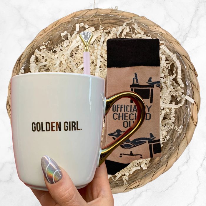 Gift Basket Golden Girl Coffee Mug | 3 Gift Items in a Reusable Basket - 50th birthday, Mothers Day, gifts for moms