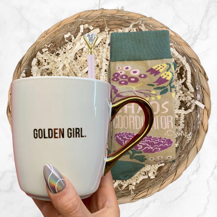 Gift Basket Golden Girl Coffee Mug | 3 Gift Items in a Reusable Basket - 50th birthday, Mothers Day, gifts for moms