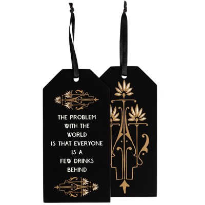 A Few Drinks Behind Wooden Bottle Tag in Black and Gold Art Deco | Wine Bottle Gift Tag