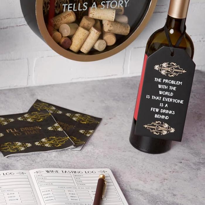 A Few Drinks Behind Wooden Bottle Tag in Black and Gold Art Deco | Wine Bottle Gift Tag