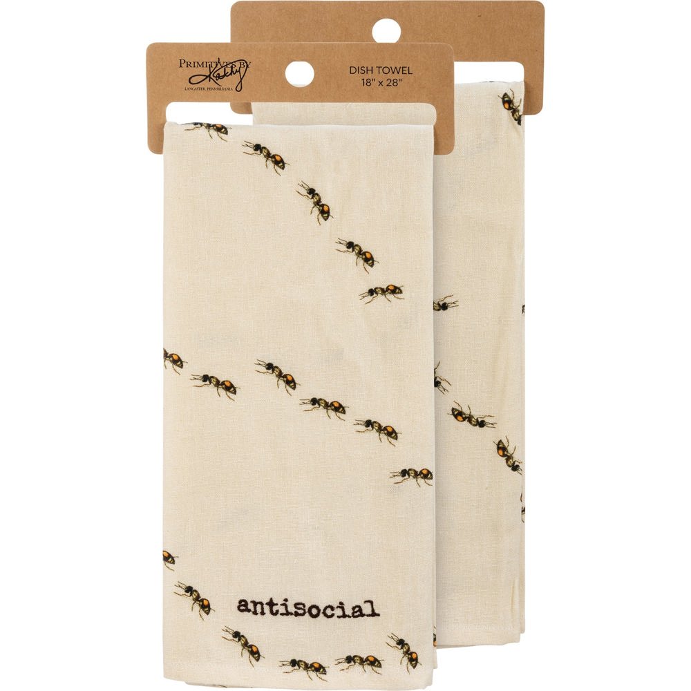 Antisocial Ant Dish Cloth Towel | Cotten Linen Novelty Tea Towel | Embroidered Text | 18" x 28"