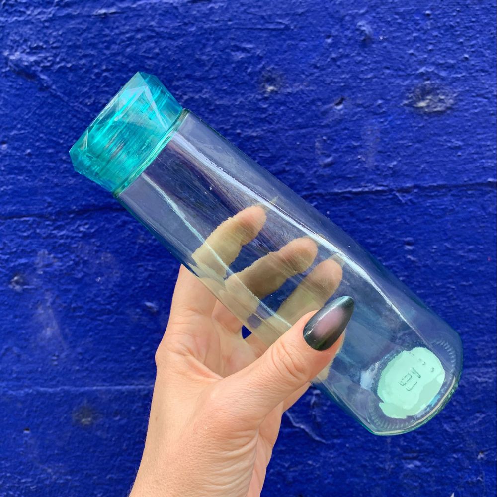 Glass Gem Water Bottle in Aqua Blue | 16 oz | Faceted Glass Diamond Shape